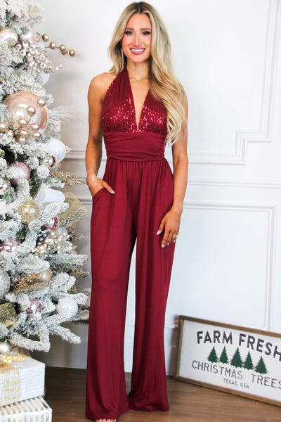 Turn on the Charm Jumpsuit: Burgundy SEQUIN - Bella and Bloom Boutique