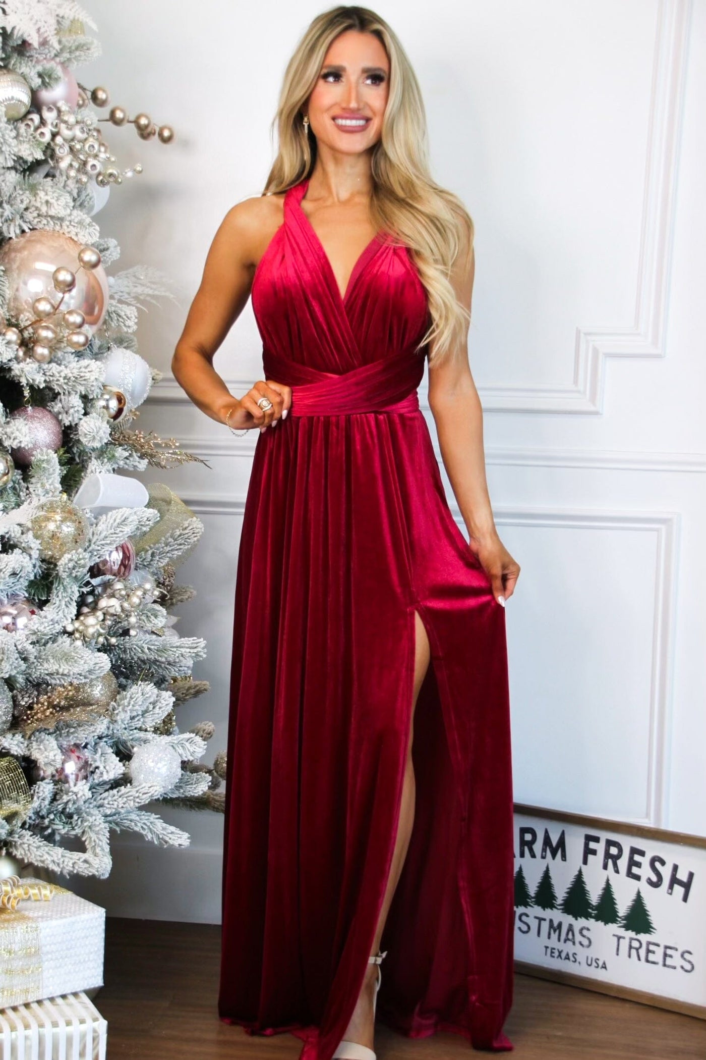 Classic Wrap Maxi Dress: Burgundy VELVET - Bella and Bloom Boutique