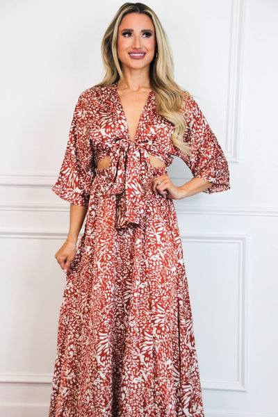 Wild About You Satin Cutout Maxi Dress: RUST/IVORY - Bella and Bloom Boutique