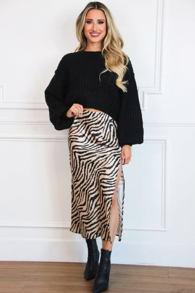 Chasing After You Zebra Satin Midi Skirt: Black Multi - Bella and Bloom Boutique