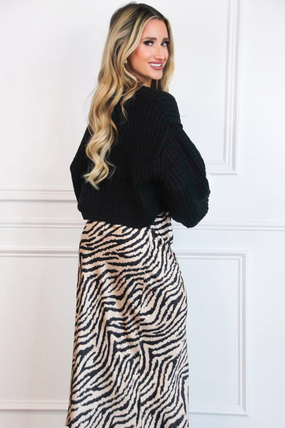 Chasing After You Zebra Satin Midi Skirt: Black Multi - Bella and Bloom Boutique