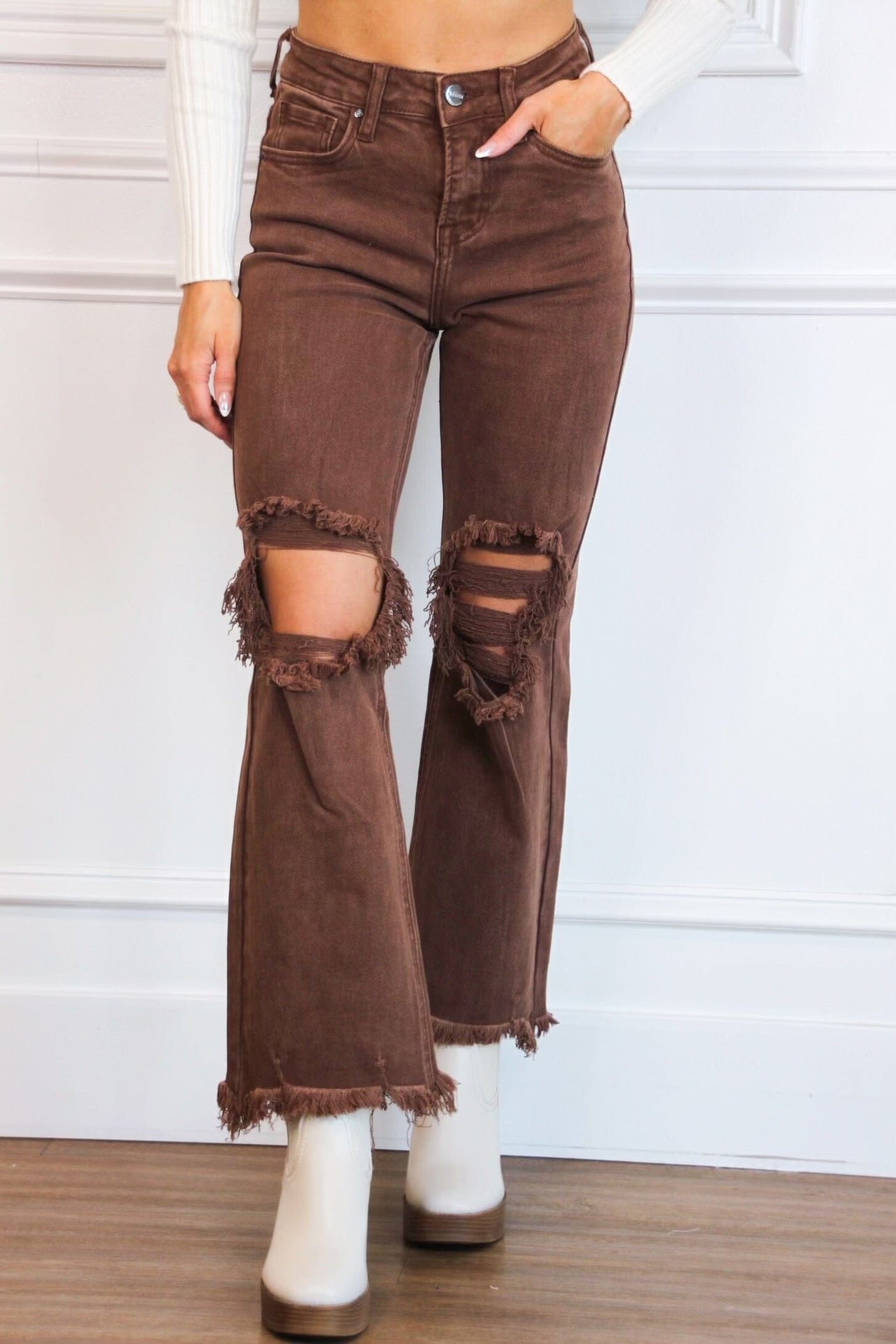 Riva Distressed High Rise Straight Denim: Brown Espresso - Bella and Bloom Boutique