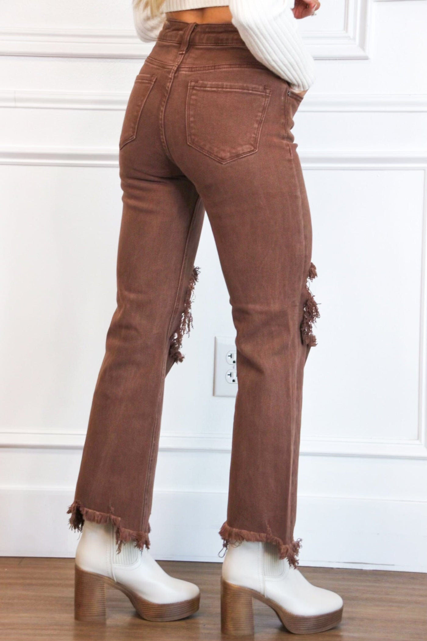 Riva Distressed High Rise Straight Denim: Brown Espresso - Bella and Bloom Boutique