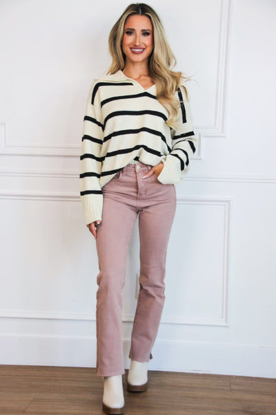 Day to Day Striped Collared Sweater: Cream/Black - Bella and Bloom Boutique