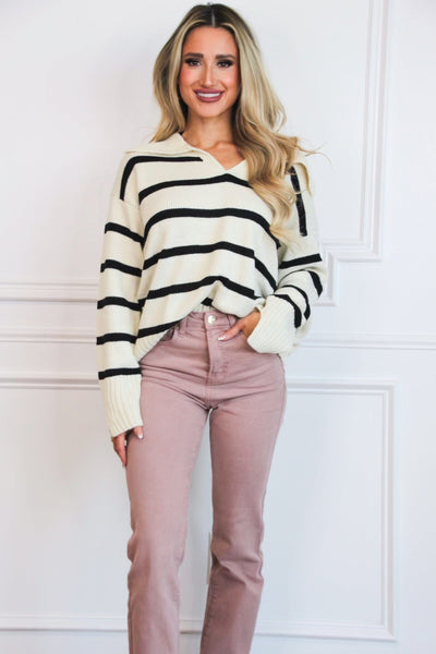 Day to Day Striped Collared Sweater: Cream/Black - Bella and Bloom Boutique