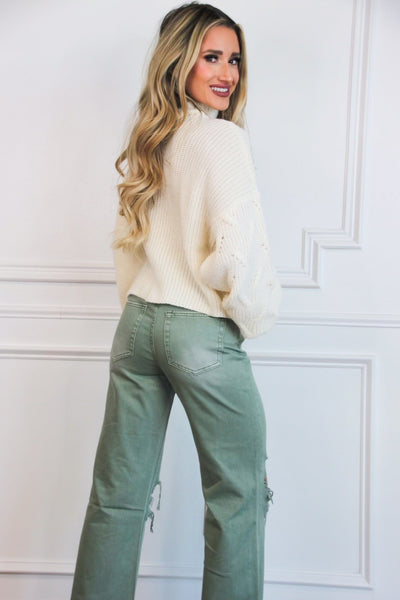 Leslie Distressed Straight High Waisted Crop Flare Denim: Olive Green - Bella and Bloom Boutique