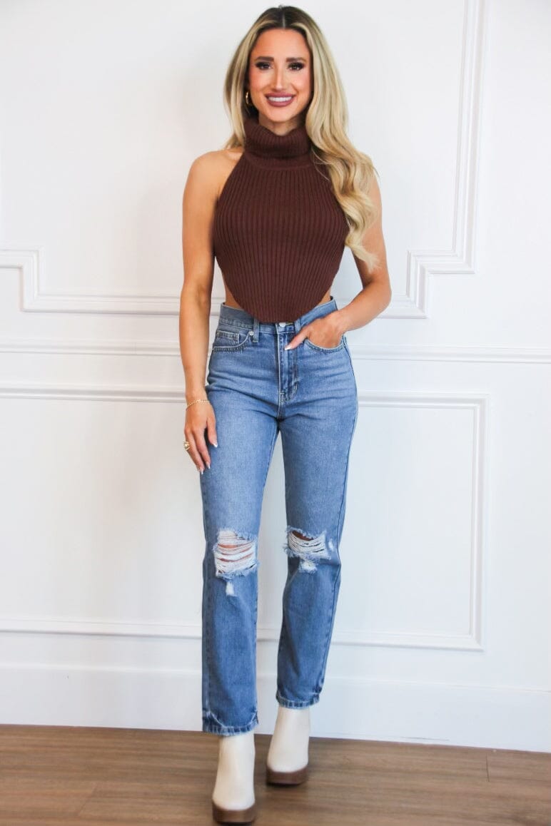 Beverly High Neck Open Back Sweater Crop Top: Brown - Bella and Bloom Boutique