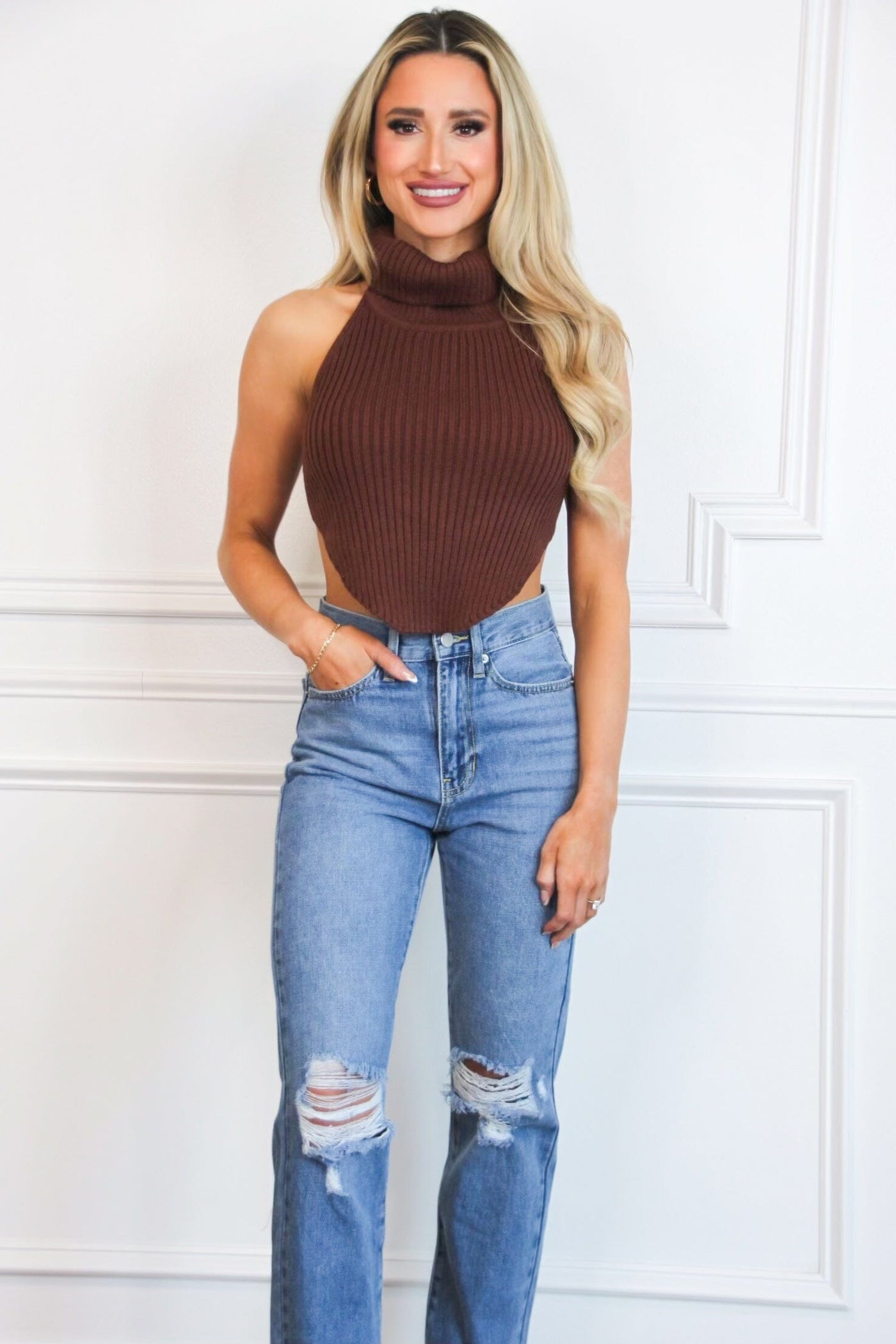 Beverly High Neck Open Back Sweater Crop Top: Brown - Bella and Bloom Boutique