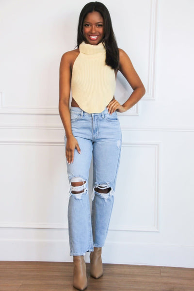 Beverly High Neck Open Back Sweater Crop Top: Cream - Bella and Bloom Boutique