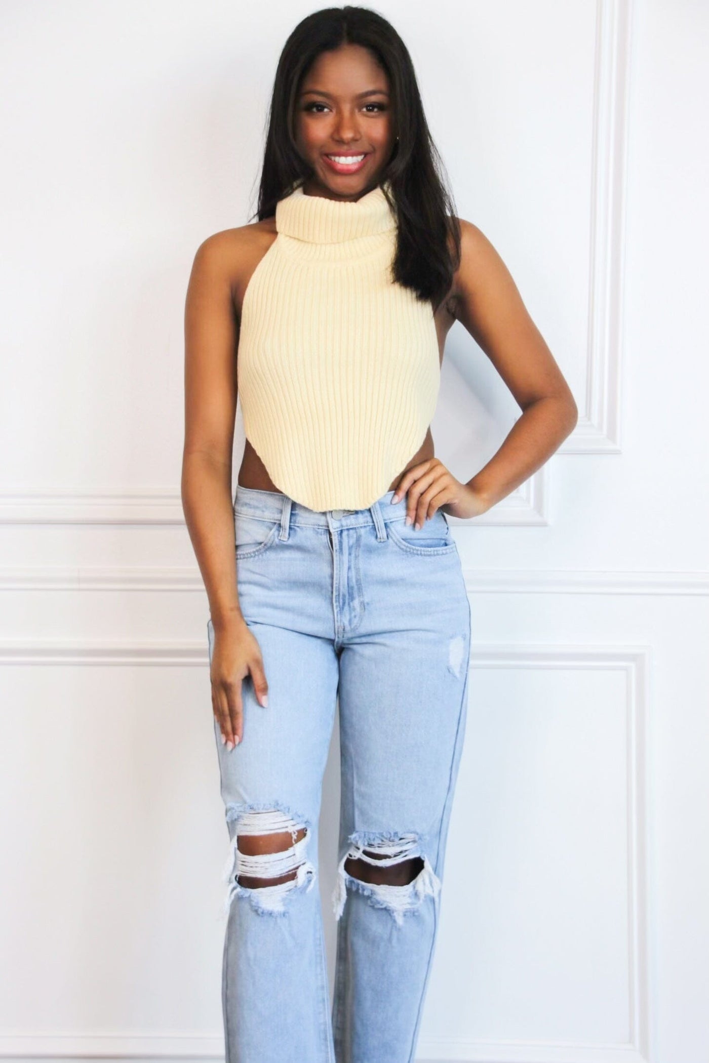 Cream crop top sweater best sale