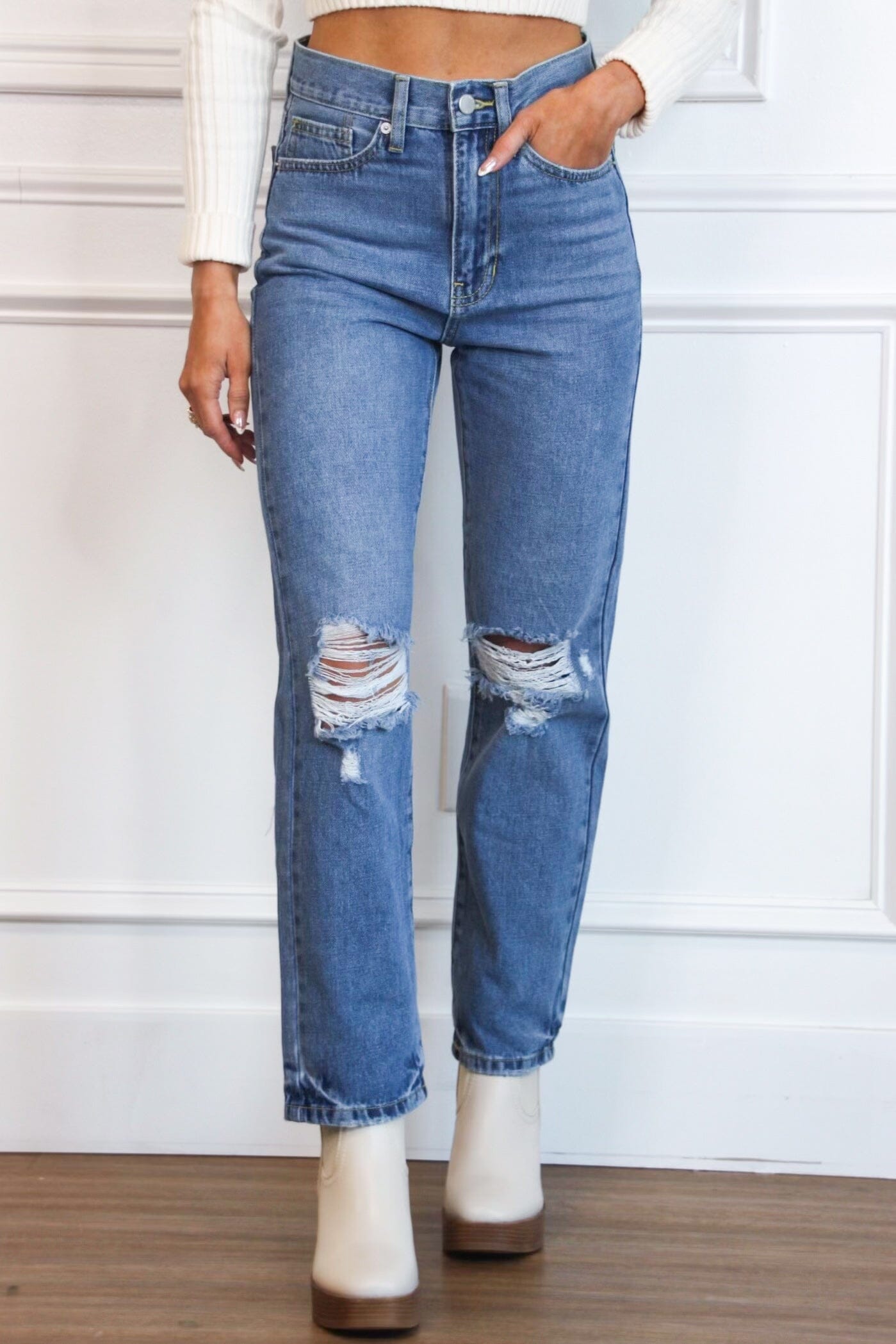 Gibson Distressed High Waisted Straight Denim: Medium Wash - Bella and Bloom Boutique