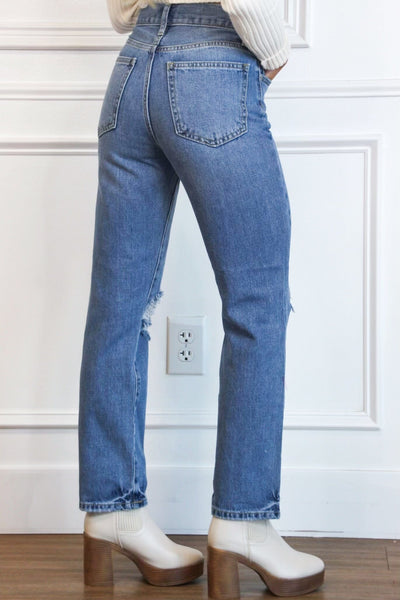 Gibson Distressed High Waisted Straight Denim: Medium Wash - Bella and Bloom Boutique