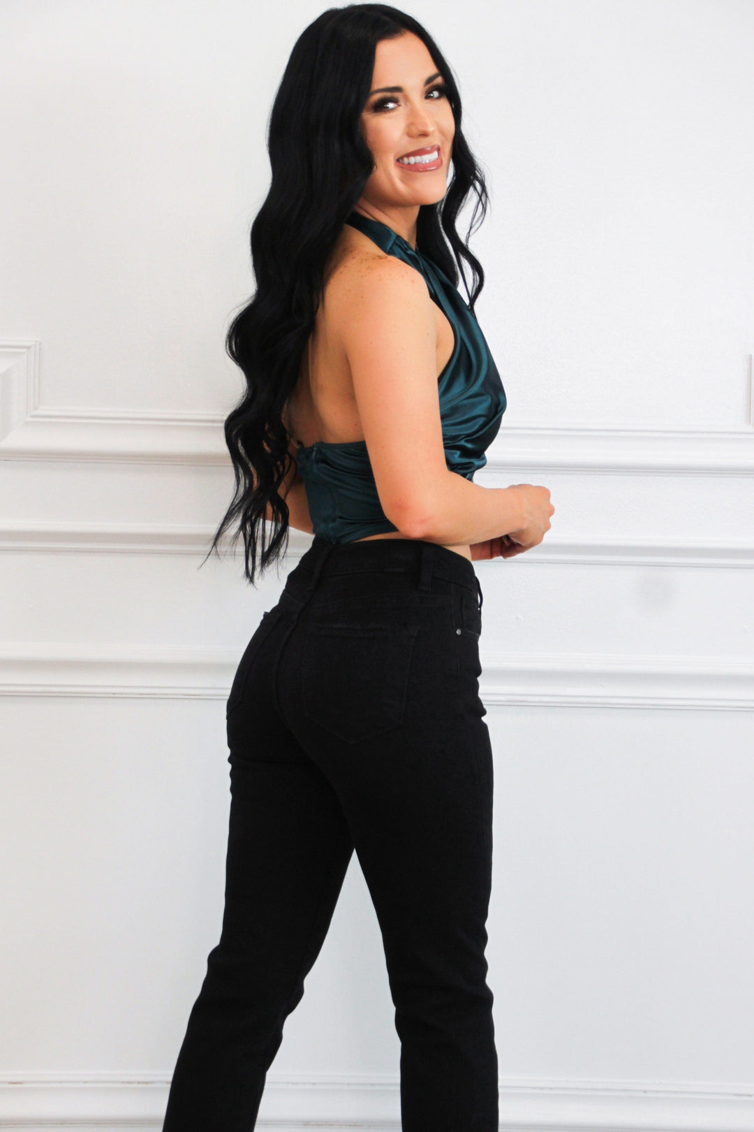 Bella and Bloom Boutique - Kenzie Satin Halter Crop Top: Teal