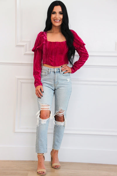 Seeking Happiness Velvet Off Shoulder Bustier Crop Top: Berry Magenta - Bella and Bloom Boutique