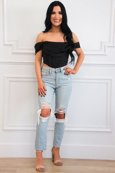 Billy Off Shoulder Satin Bustier Crop Top: Black - Bella and Bloom Boutique