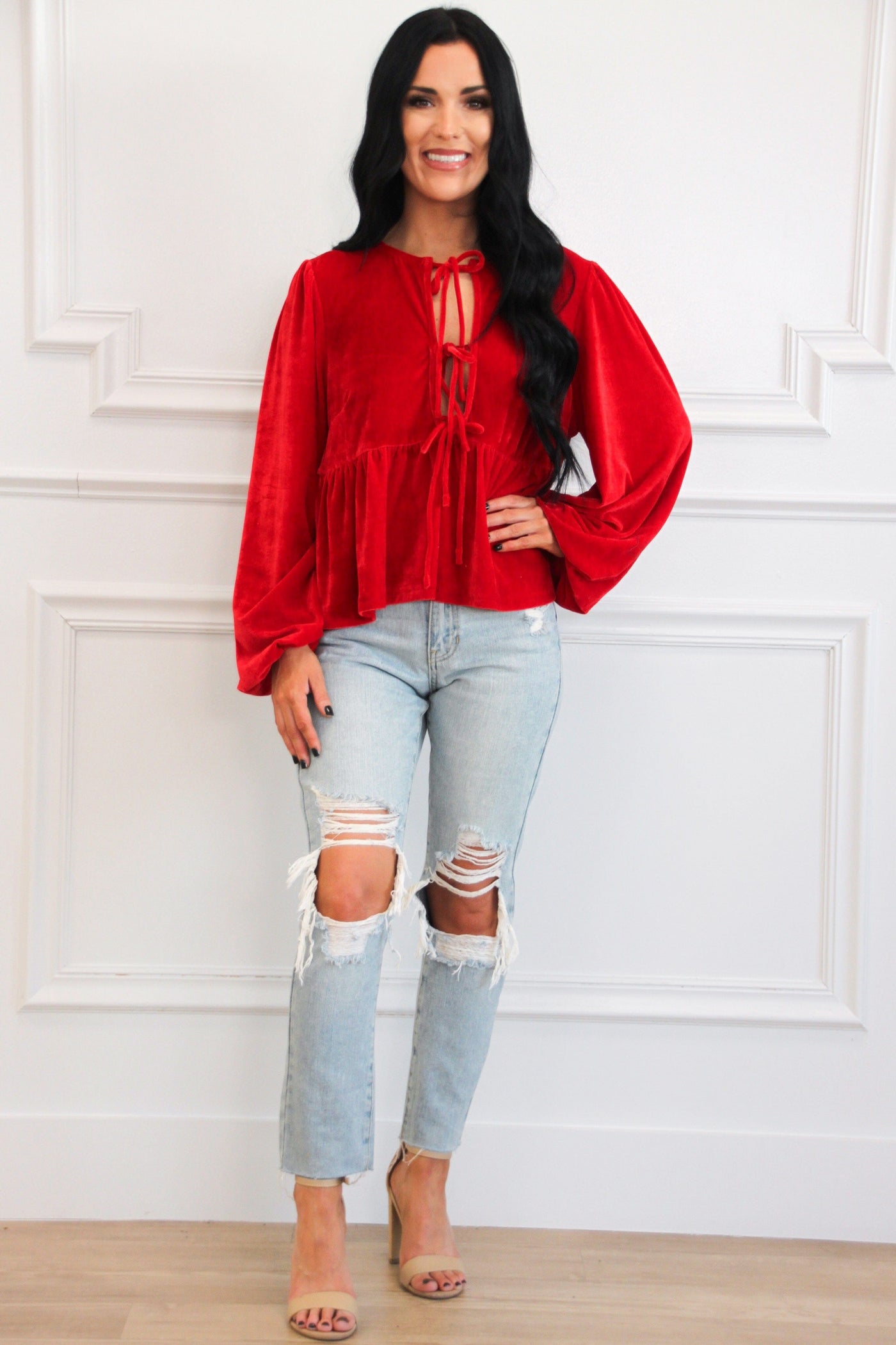 Bella and Bloom Boutique Sweetest Kiss Velvet Bow Top: Red