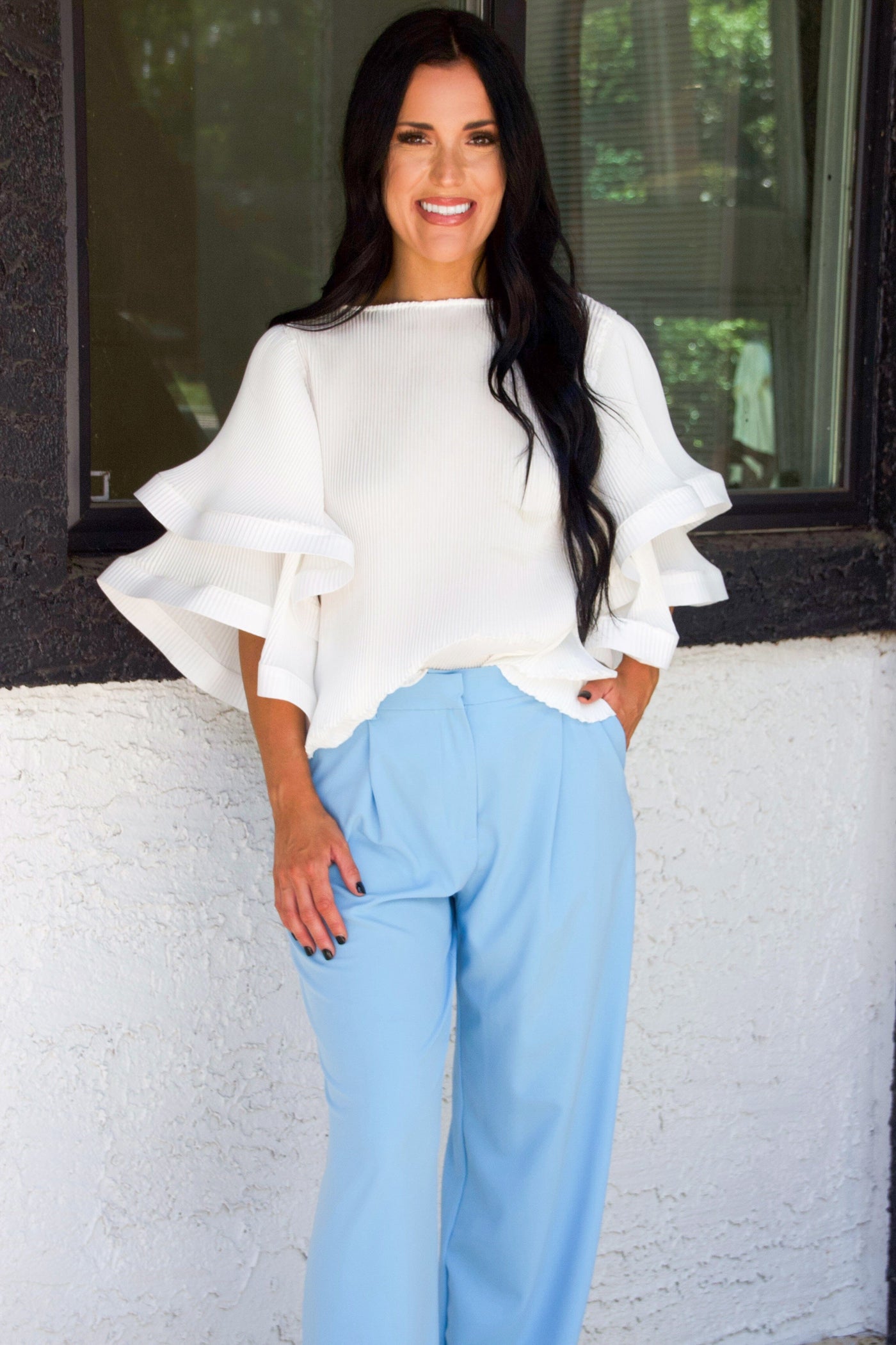 Nasha High Waisted Pants: Light Blue - Bella and Bloom Boutique