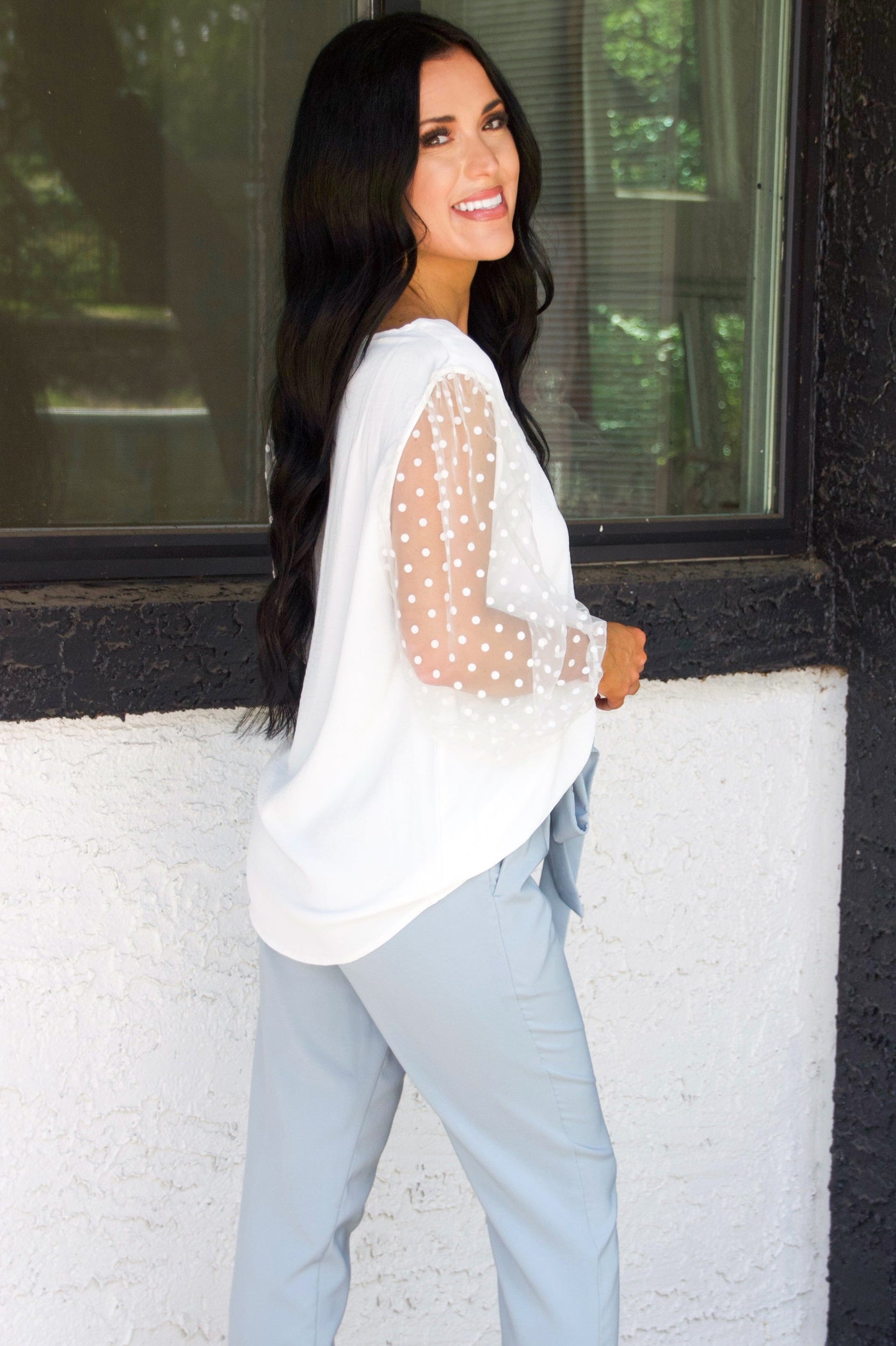 Dottie Sheer Polka Dot Long Sleeve Top: White - Bella and Bloom Boutique