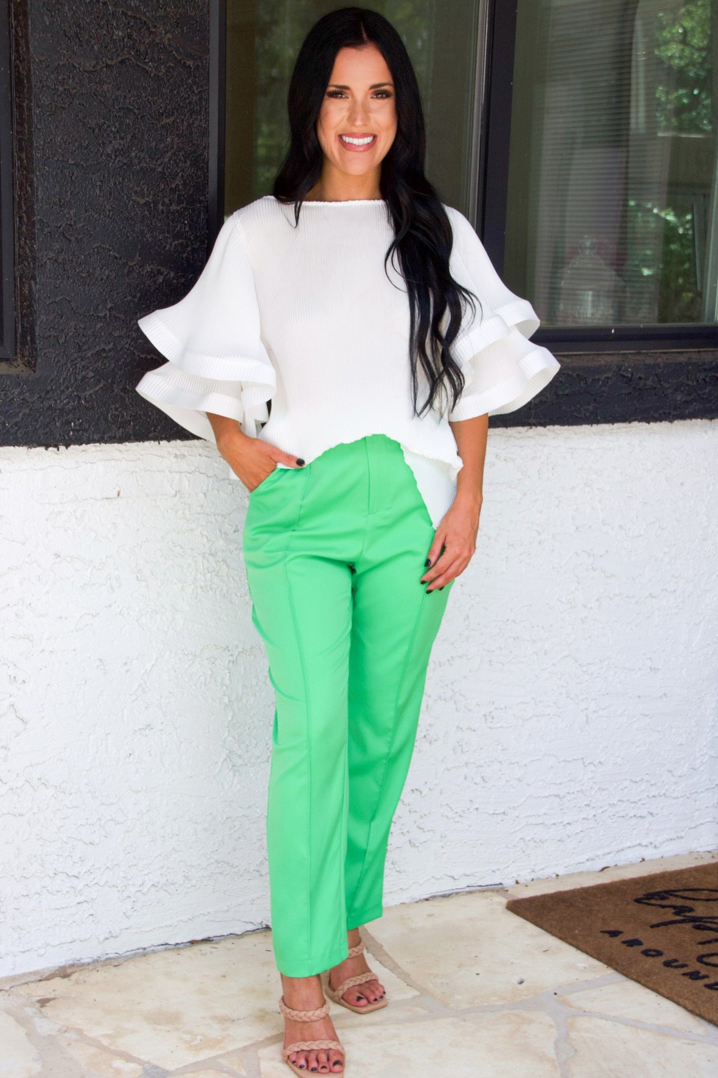 Taylie High Waisted Pants: Bright Green - Bella and Bloom Boutique