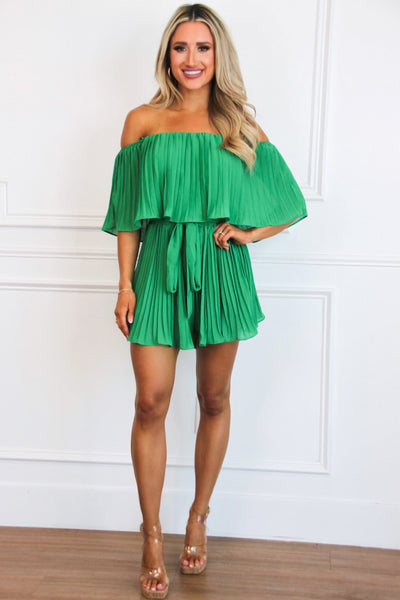 Piper Pleated Off Shoulder Romper: Green - Bella and Bloom Boutique
