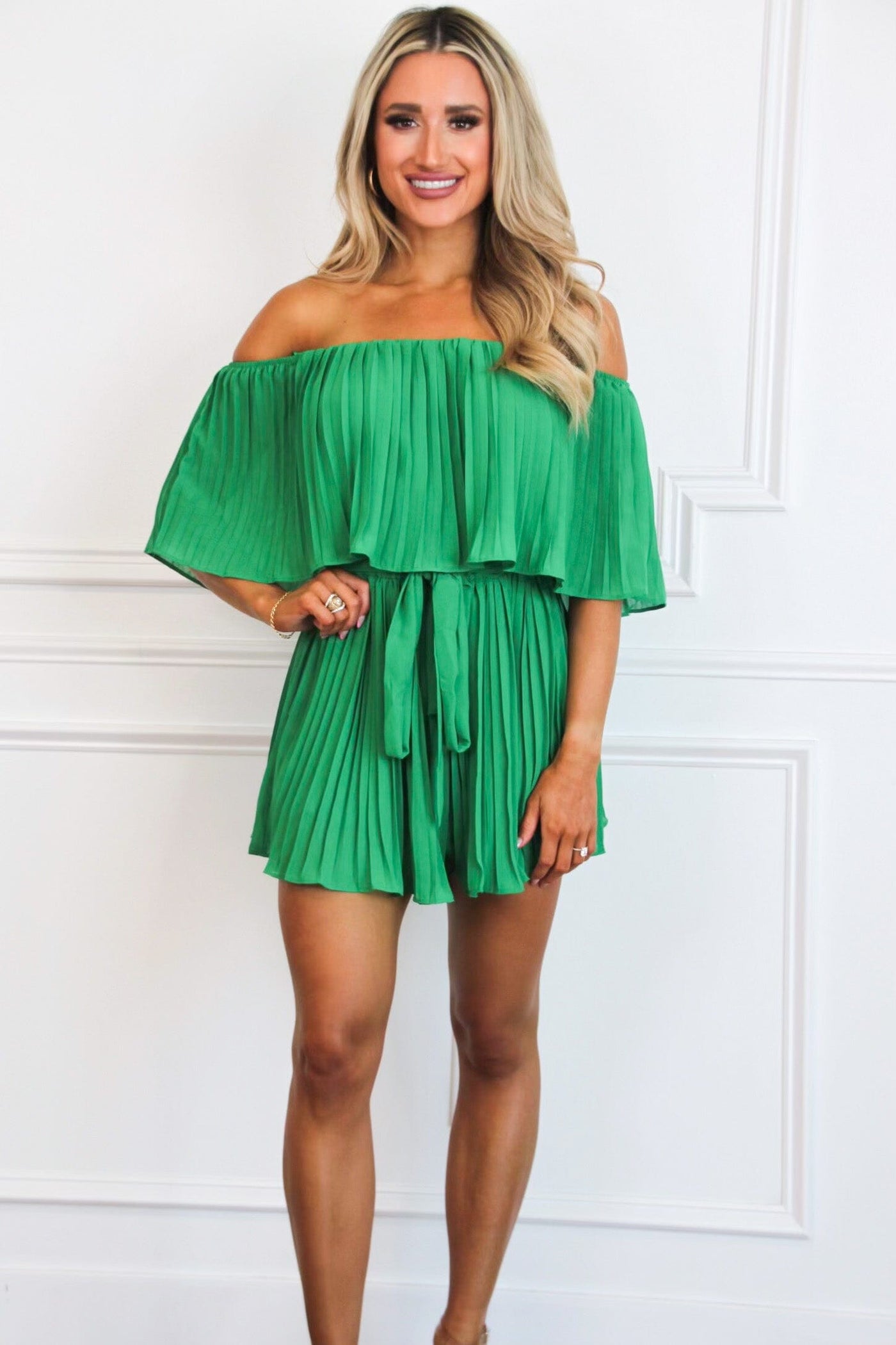 Piper Pleated Off Shoulder Romper: Green - Bella and Bloom Boutique