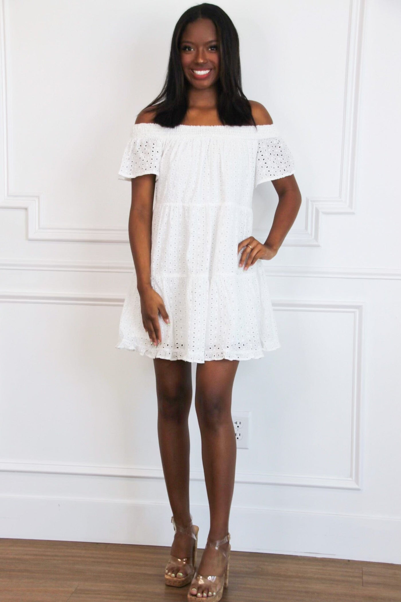 Kinsley Off Shoulder Eyelet Dress: White - Bella and Bloom Boutique