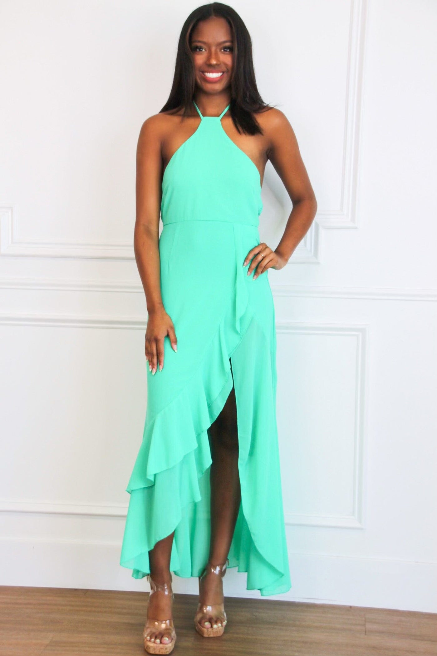 Heather High Neck Ruffle Maxi Dress: Spearmint Green - Bella and Bloom Boutique