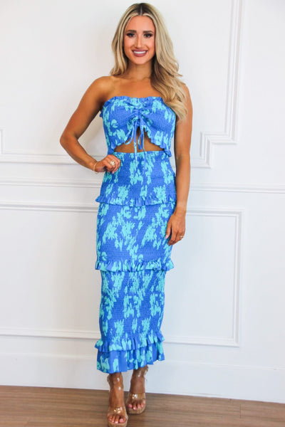 Paradise Isle Smocked Floral Midi Dress: Ocean Blue - Bella and Bloom Boutique