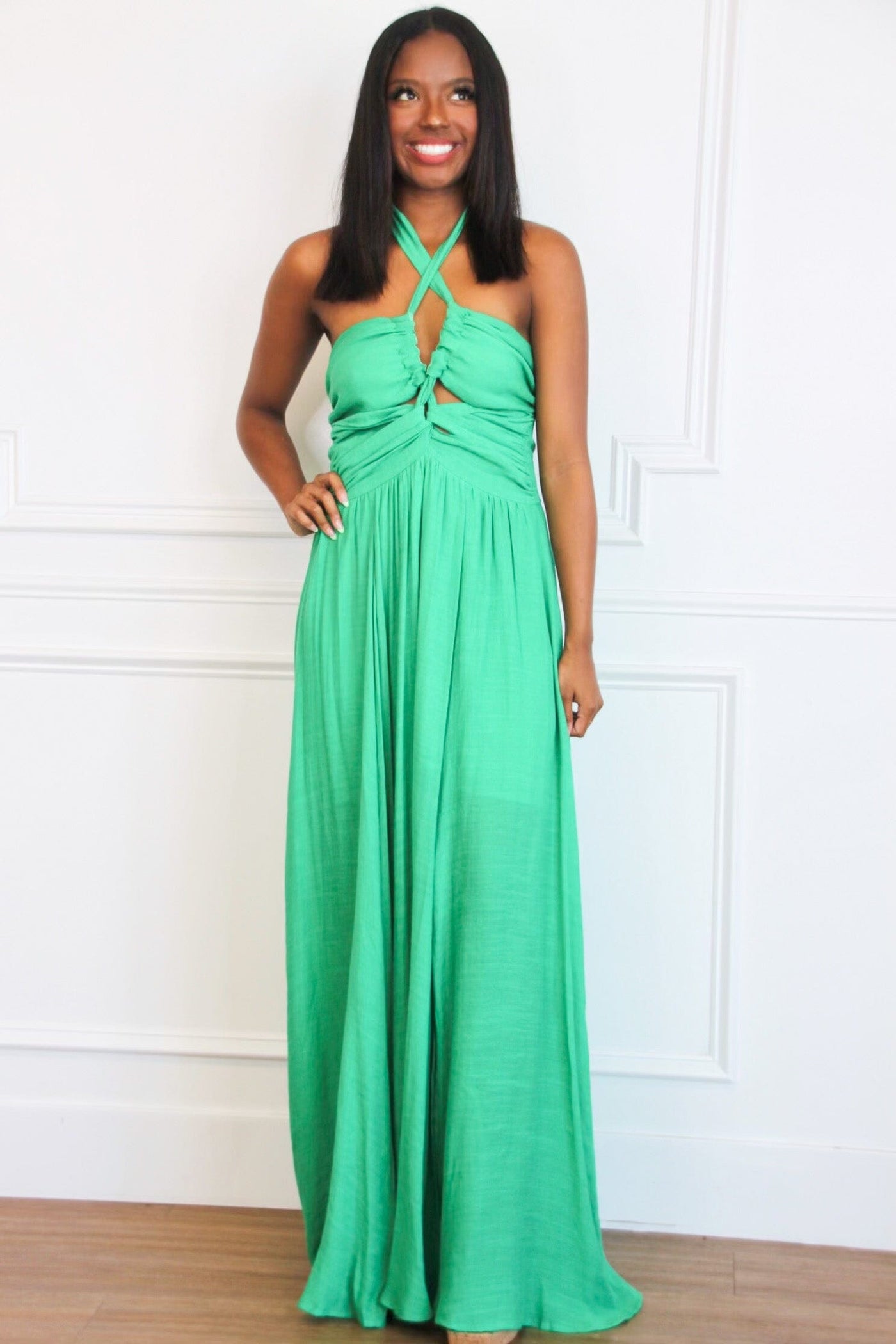 Your Place or Mine Halter Maxi Dress: Green - Bella and Bloom Boutique