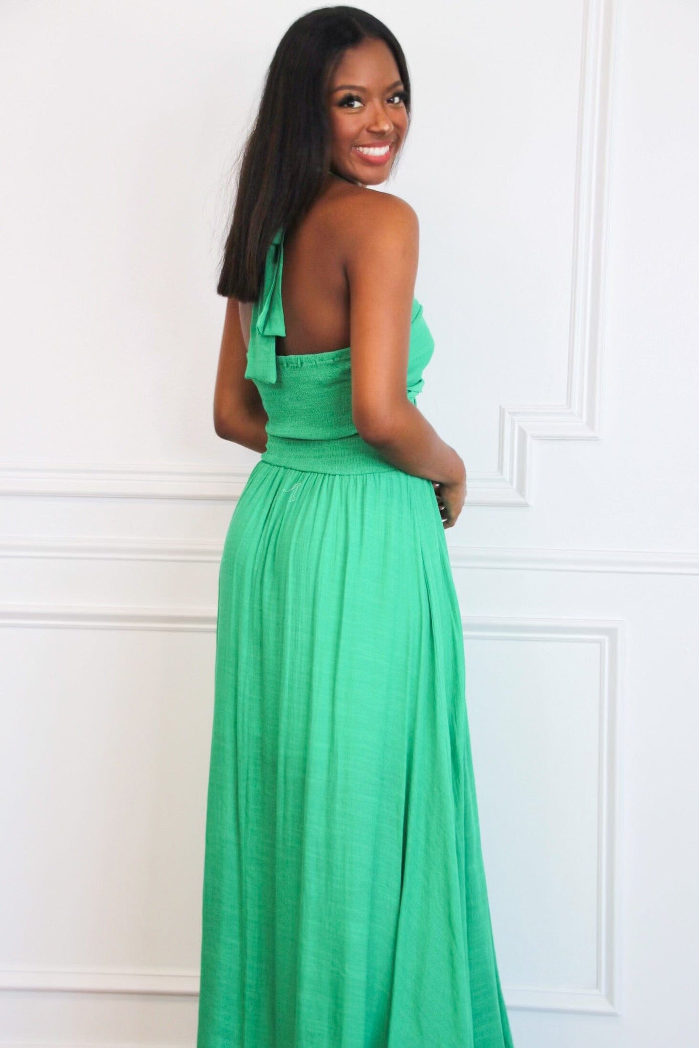 Your Place or Mine Halter Maxi Dress: Green - Bella and Bloom Boutique