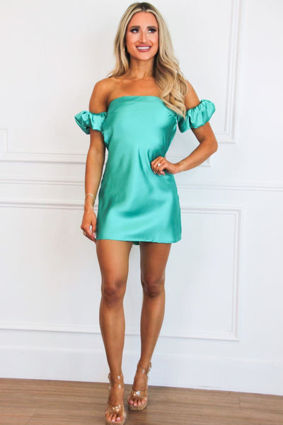 Tristyn Cowl Back Satin Off Shoulder Dress: Turquoise - Bella and Bloom Boutique