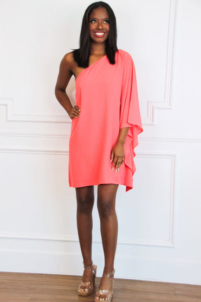 Get to Know You One Shoulder Dress: Bright Coral - Bella and Bloom Boutique