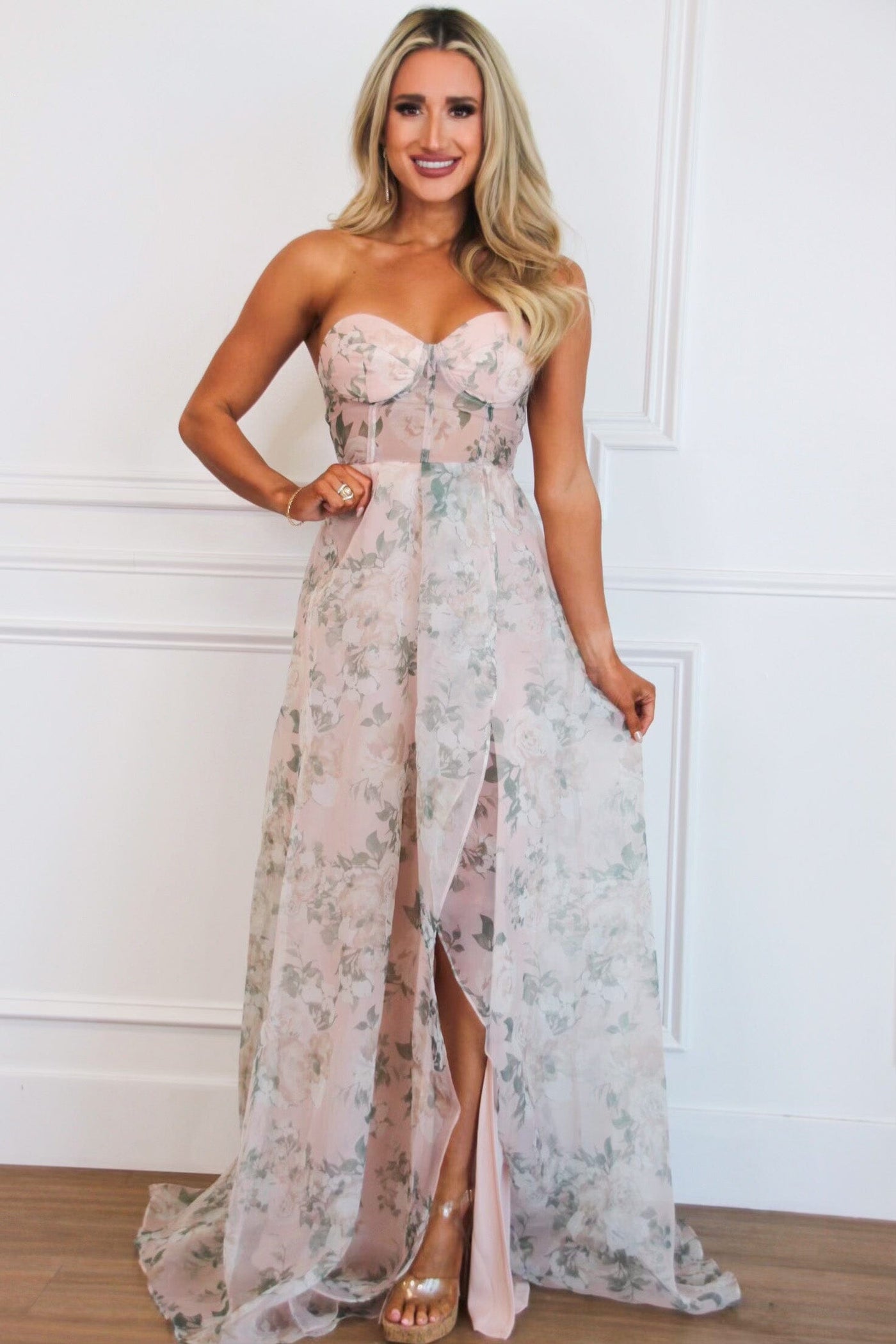 Virginia Floral Bustier Maxi Dress: Dusty Blush/Taupe Multi - Bella and Bloom Boutique