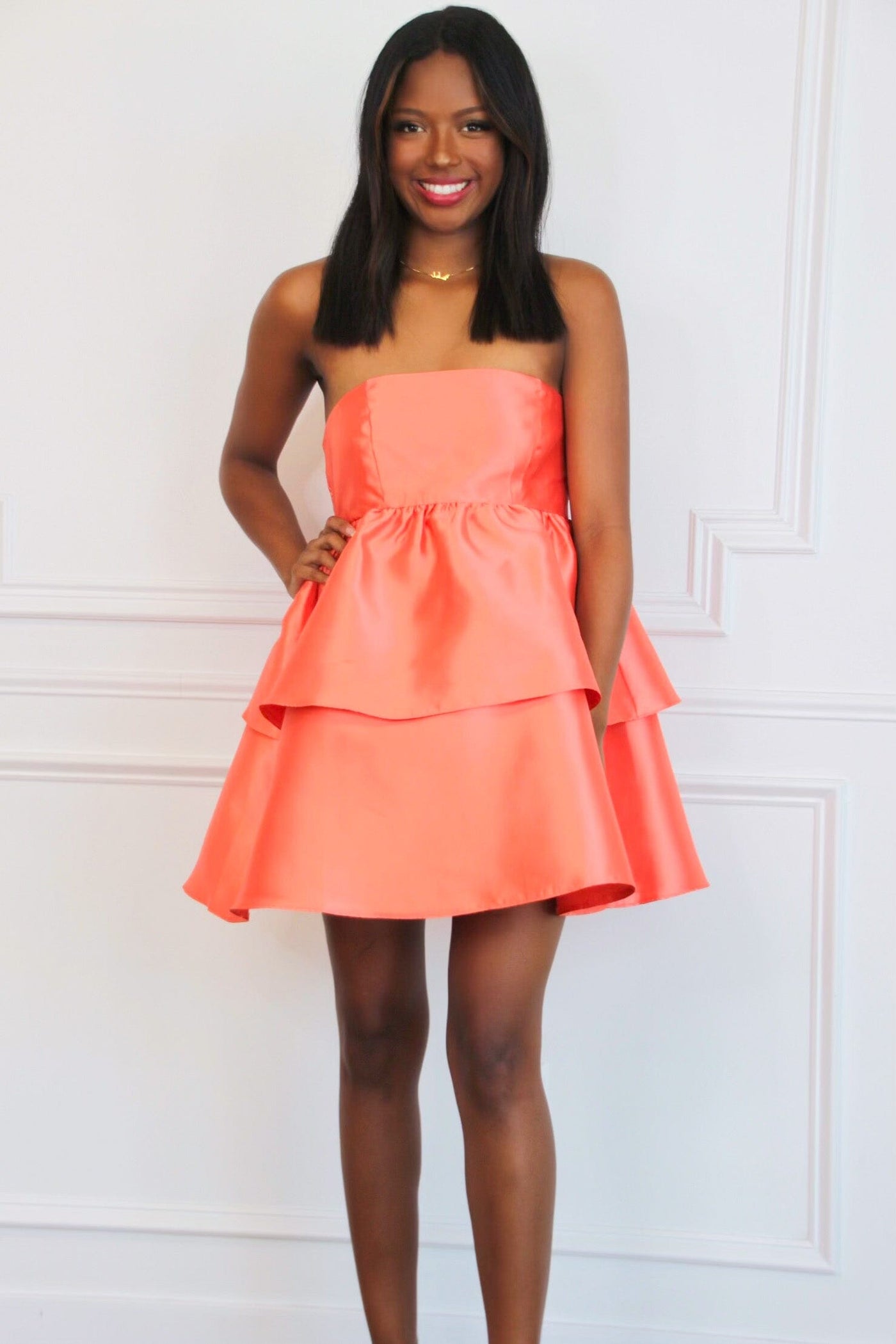 Hallie Rae Strapless Tiered Dress: Bright Coral Orange - Bella and Bloom Boutique