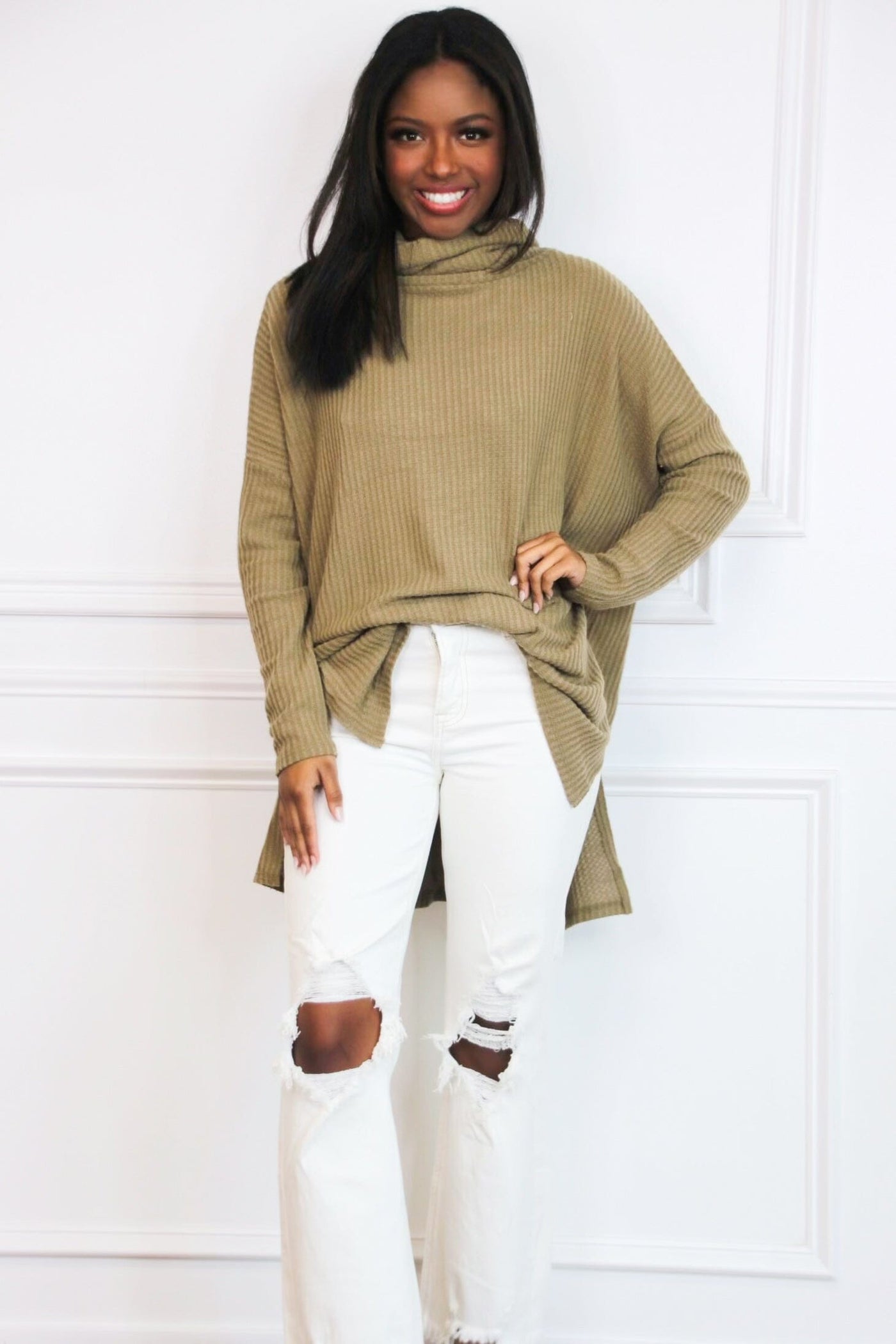 Plain and Simple Oversized Thermal Sweater: Dusty Olive - Bella and Bloom Boutique