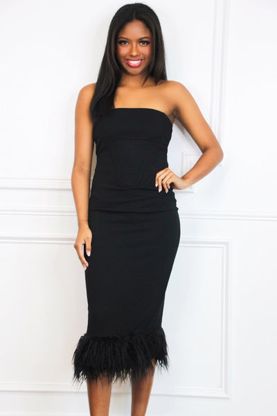 Kiana Strapless Bustier Feather Midi Dress: Black - Bella and Bloom Boutique