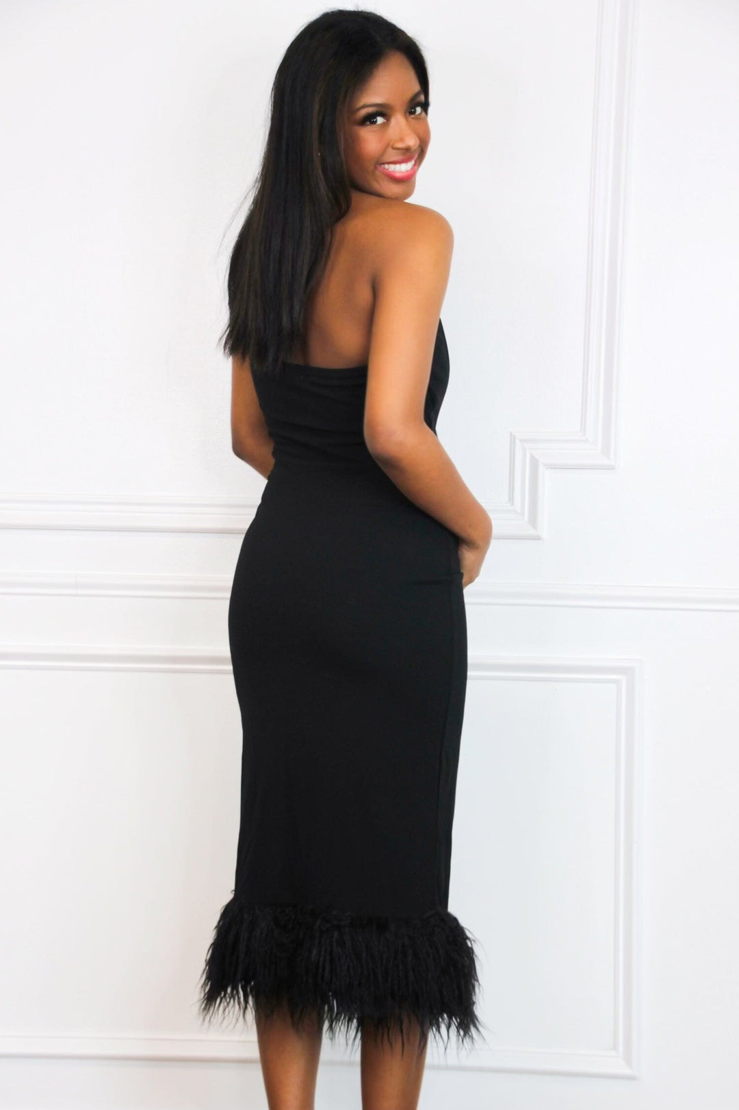 black feather bodycon dress Bella and Bloom Boutique tie galas Women's Black Linen Look durable drawers Your height:61