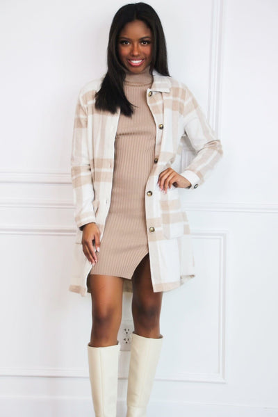 Billie Plaid Long Shacket: Ivory/Taupe - Bella and Bloom Boutique