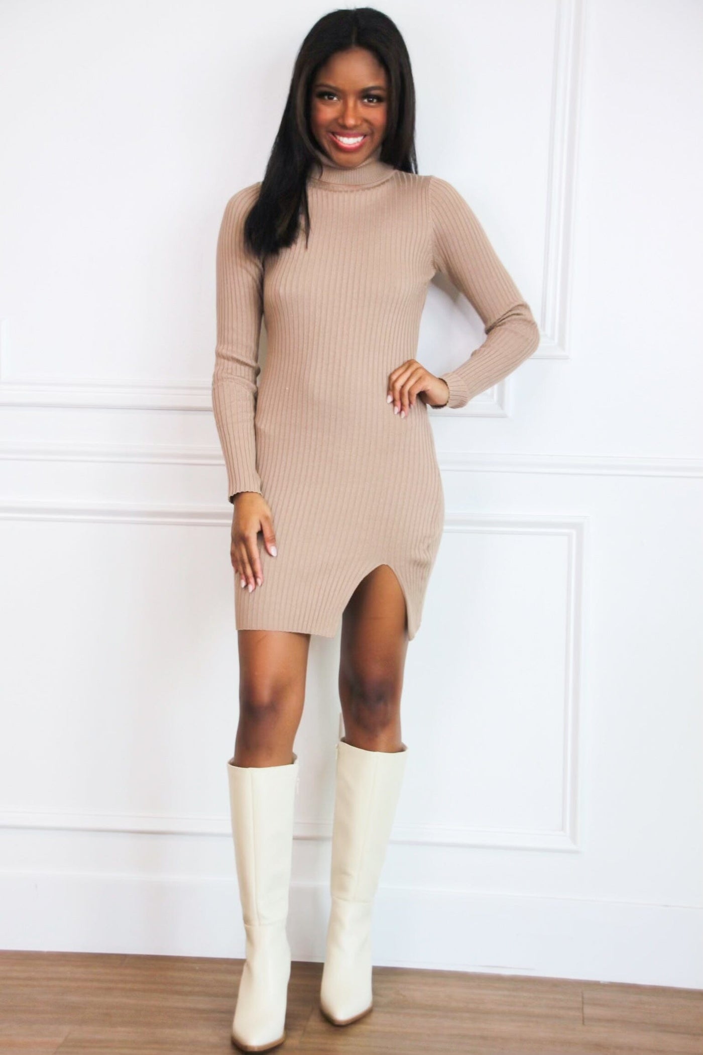 Classic Ribbed Turtleneck Dress: Mocha - Bella and Bloom Boutique