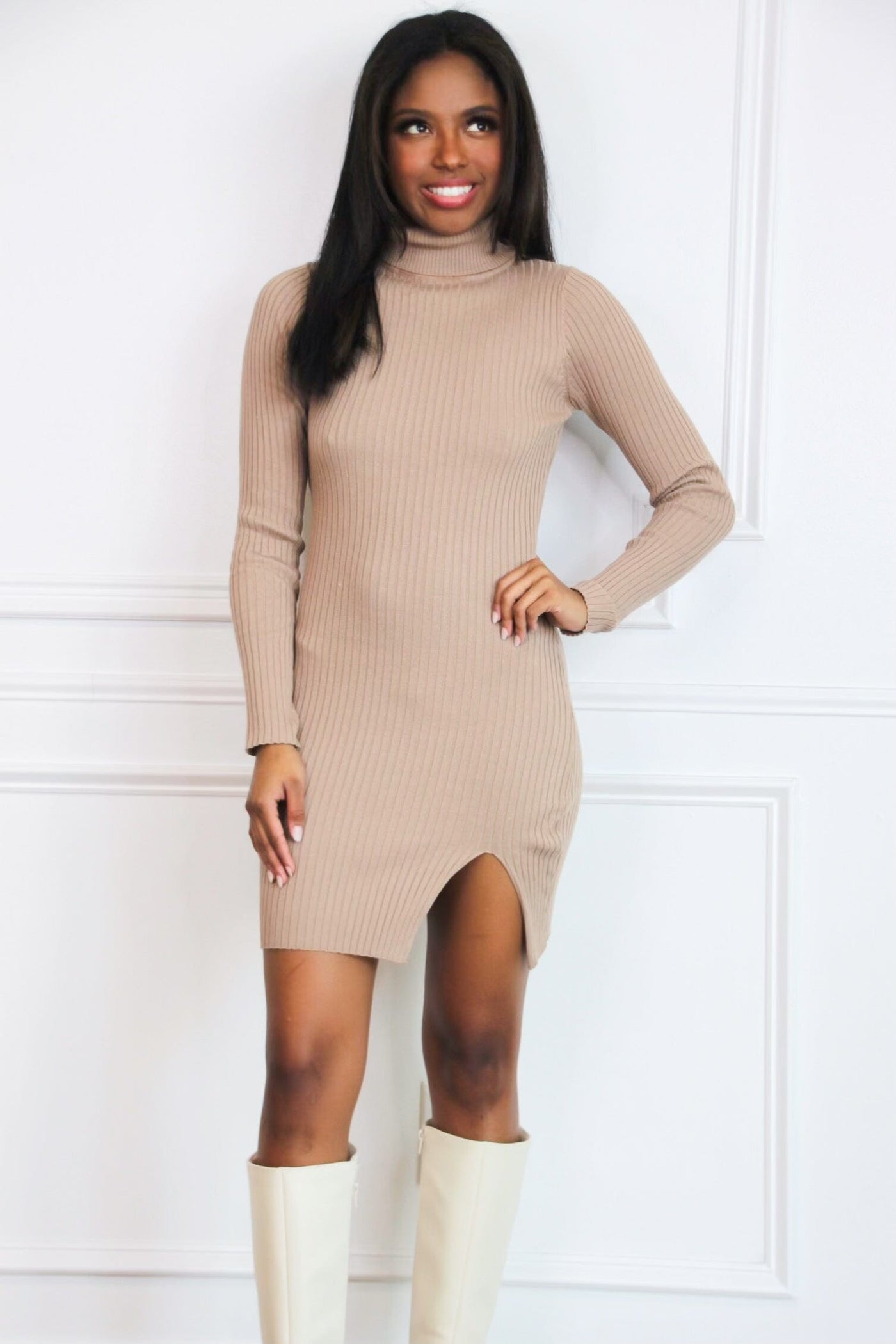 Classic Ribbed Turtleneck Dress: Mocha - Bella and Bloom Boutique