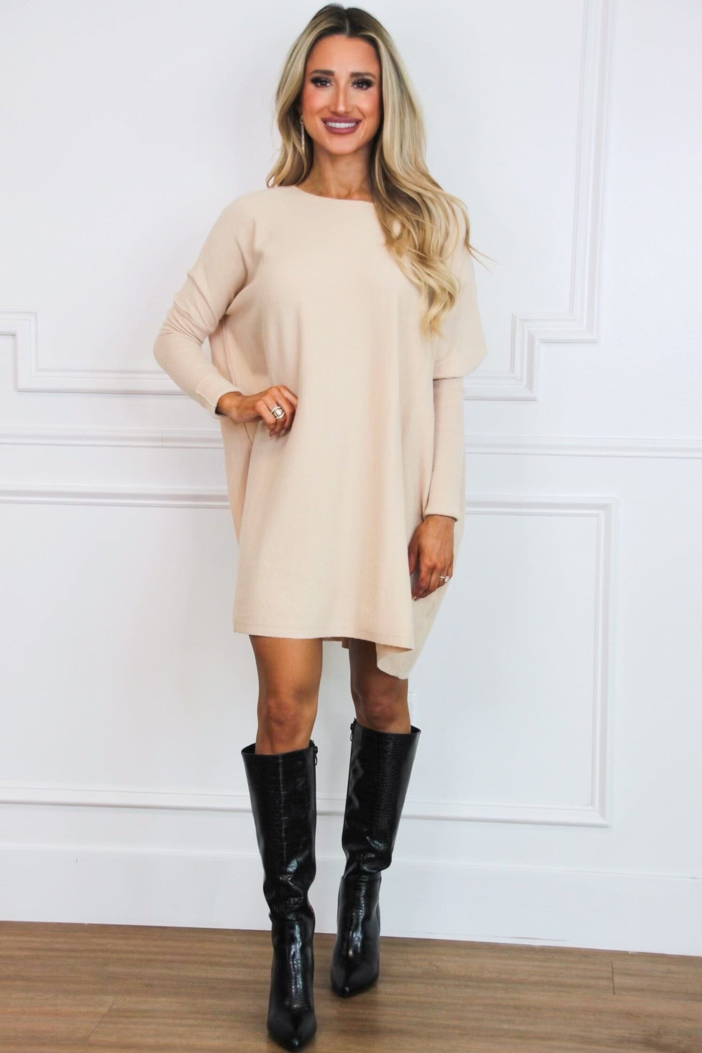 So Cozy Boat Neck Tunic Sweater: Beige - Bella and Bloom Boutique