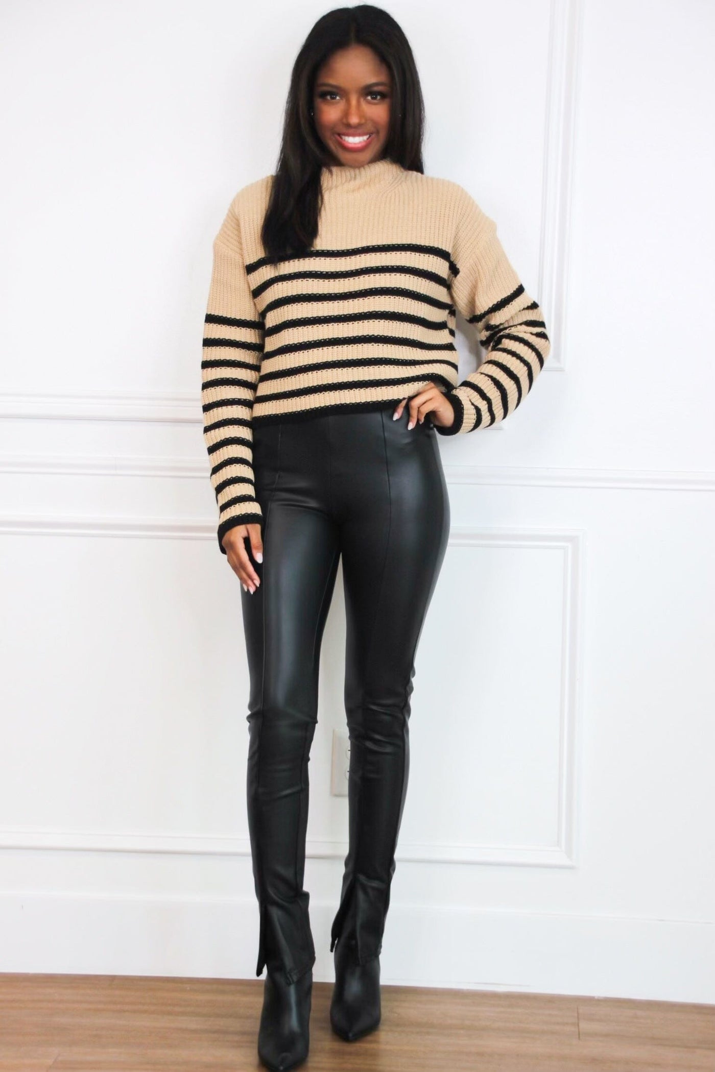 Olly Striped Mock Neck Sweater: Taupe/Black Multi - Bella and Bloom Boutique