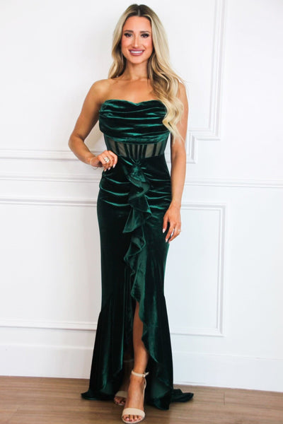 Dimarco Velvet Ruffle Bustier Maxi Dress: Emerald - Bella and Bloom Boutique