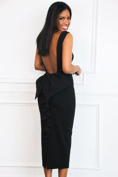 Sawyer Open Back Bow Midi Dress: Black - Bella and Bloom Boutique