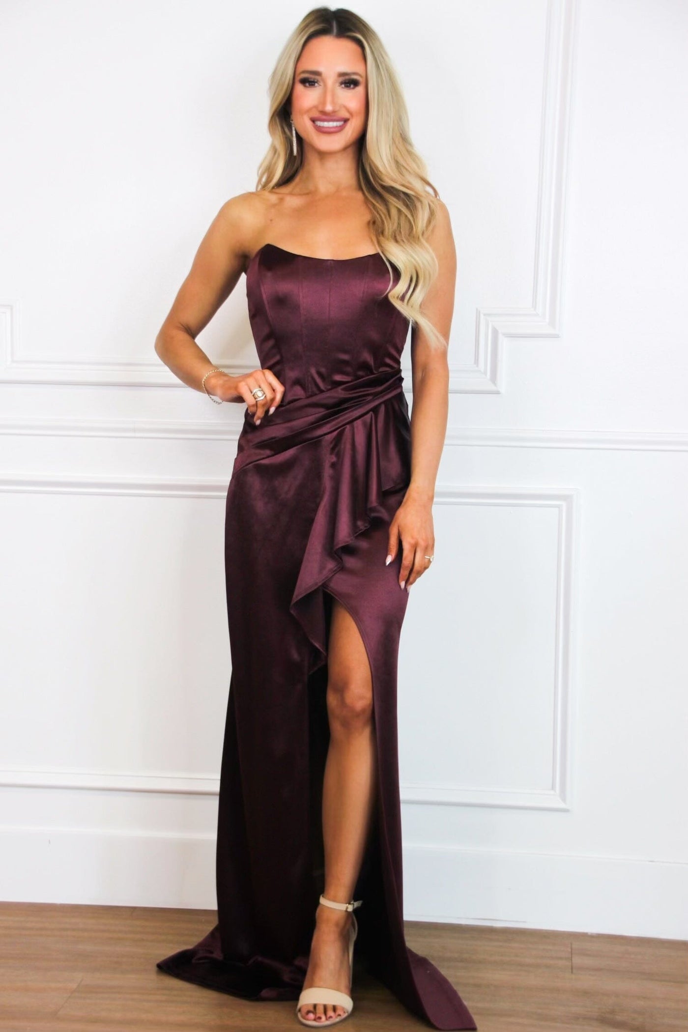 Lover Satin Ruffle Maxi Dress: Maroon - Bella and Bloom Boutique