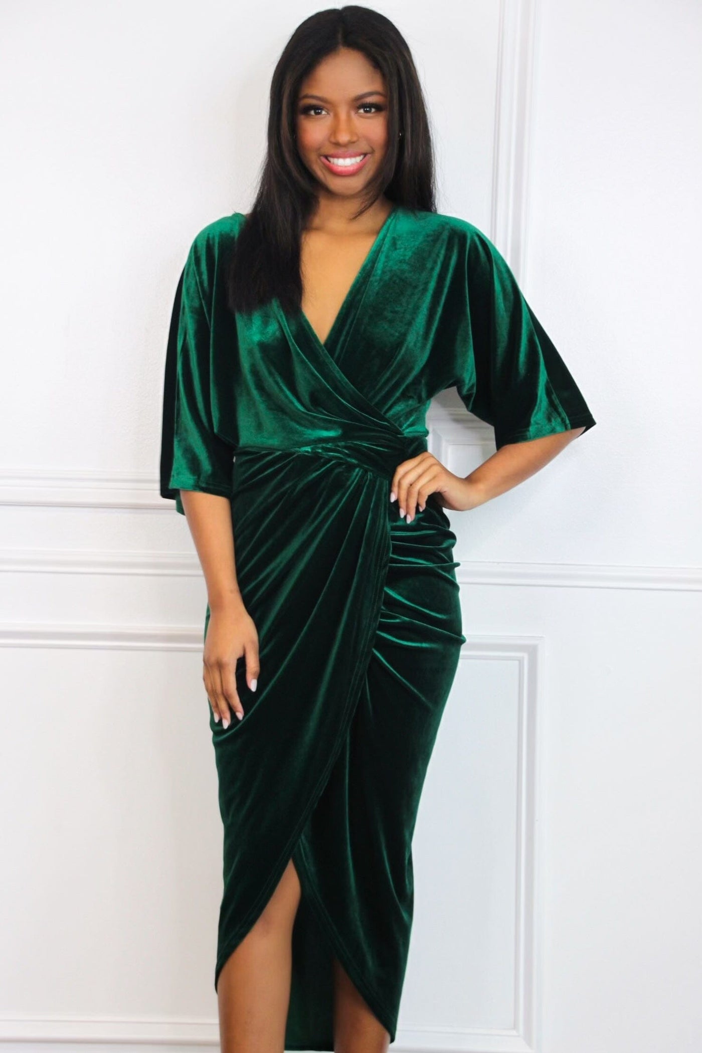 Loving You Is Easy Midi Dress: Emerald VELVET - Bella and Bloom Boutique
