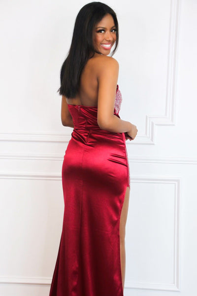 Add a Little Sparkle Rhinestone Satin Maxi Dress: Dark Red - Bella and Bloom Boutique