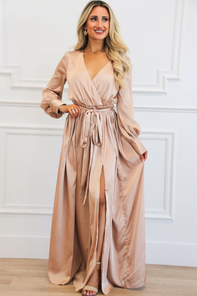 Jordana Long Sleeve Satin Maxi Dress: Champagne - Bella and Bloom Boutique