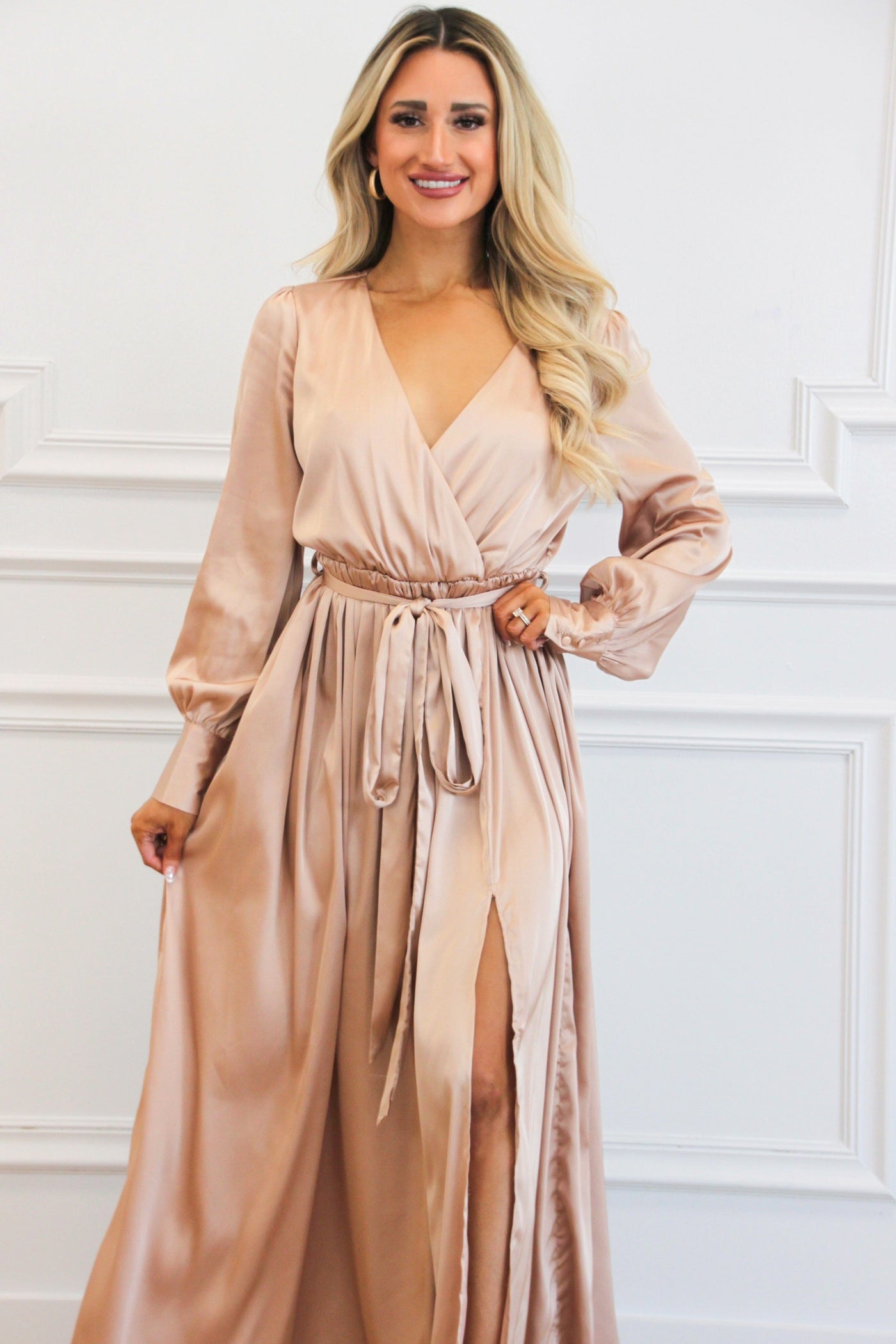 Bella and Bloom Boutique - Jordana Long Sleeve Satin Maxi Dress: Champagne Bella and Bloom Boutique - Jordana Long Sleeve Satin Maxi Dress: Champagne
