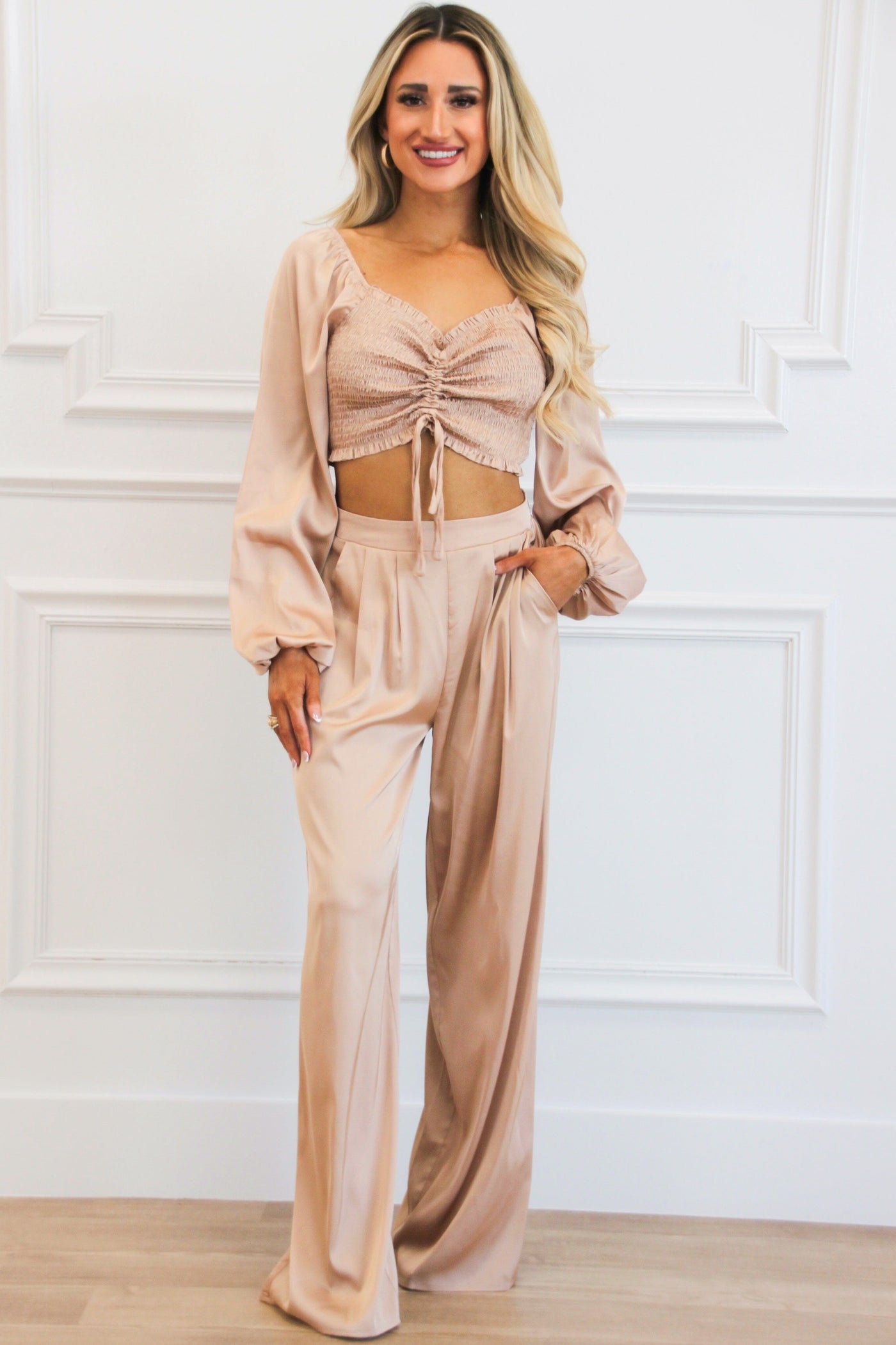 Caught Feelings Satin Two Piece Set: Champagne - Bella and Bloom Boutique